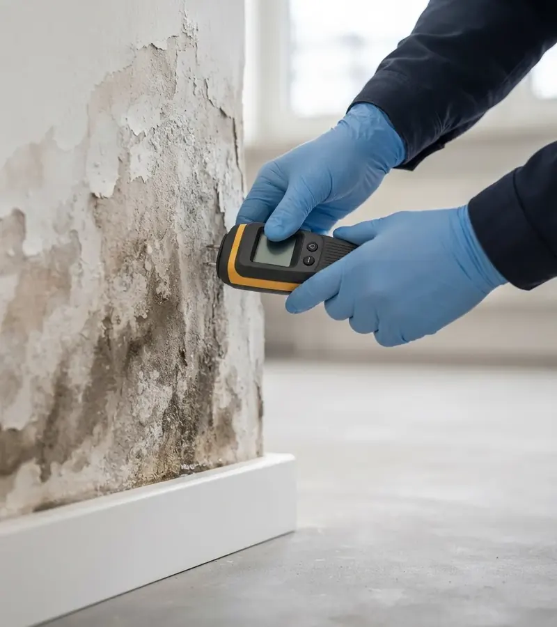 Técnico midiendo la humedad en la parte baja de una pared en Socuéllamos