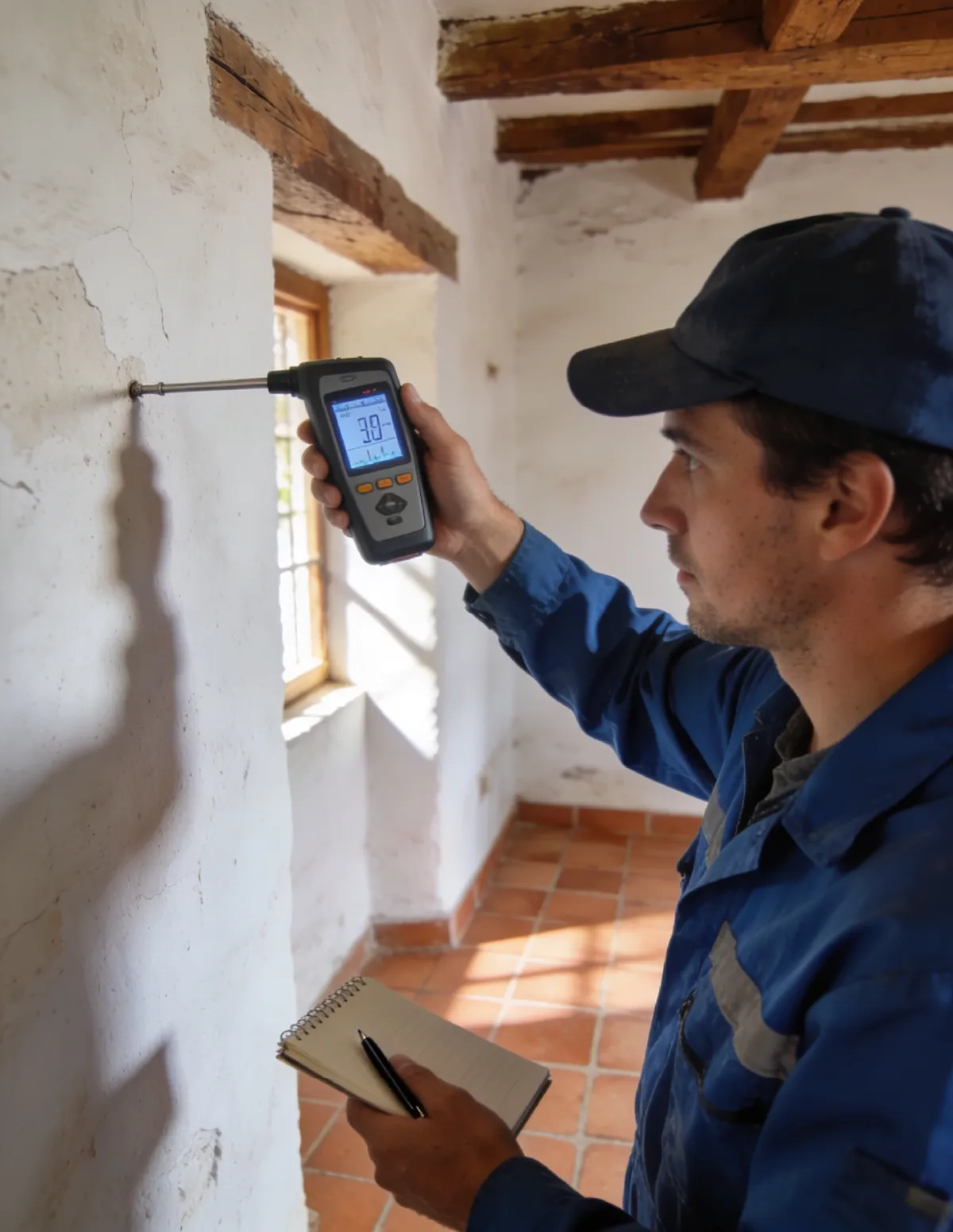 Técnico HUMIX midiendo la humedad de un muro antiguo en Socuéllamos